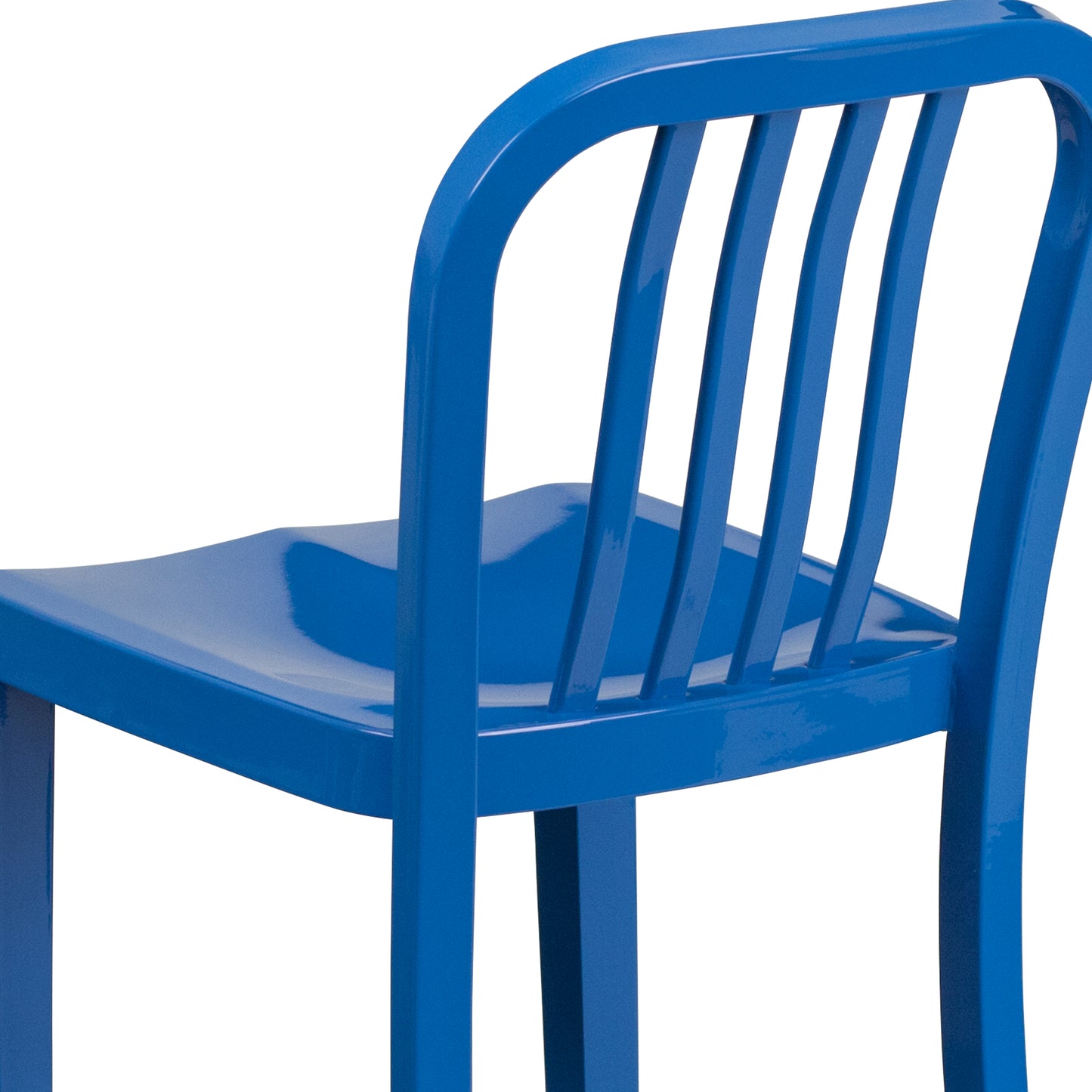 Gael Commercial Grade 24" High Blue Metal Indoor-Outdoor Counter Height Stool with Vertical Slat Back Blue