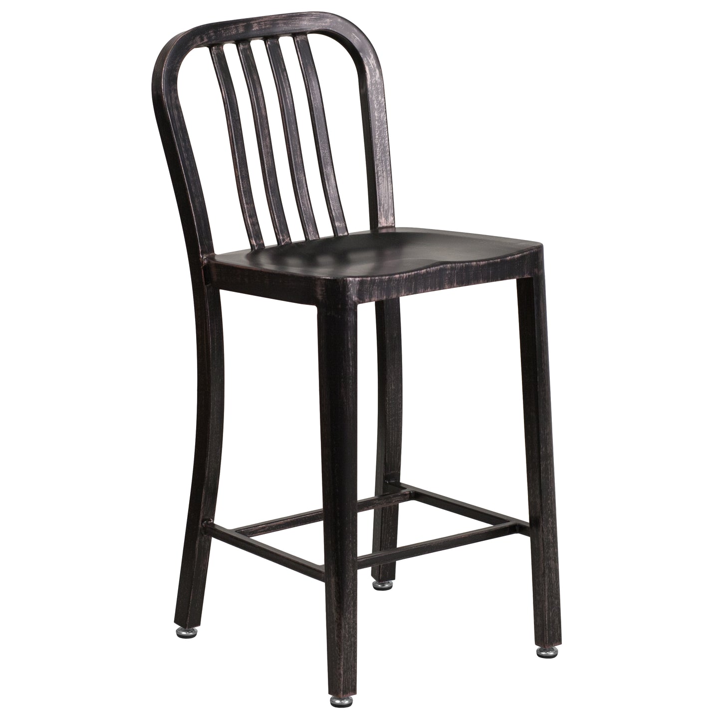 Gael Commercial Grade 24" High Black-Antique Gold Metal Indoor-Outdoor Counter Height Stool with Vertical Slat Back Black-Antique Gold