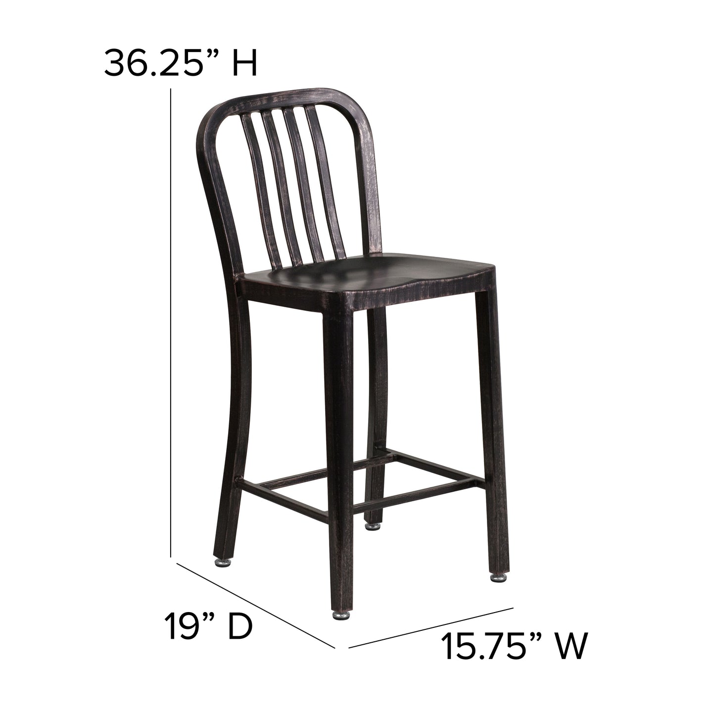 Gael Commercial Grade 24" High Black-Antique Gold Metal Indoor-Outdoor Counter Height Stool with Vertical Slat Back Black-Antique Gold