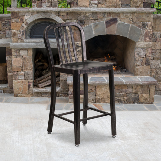 Gael Commercial Grade 24" High Black-Antique Gold Metal Indoor-Outdoor Counter Height Stool with Vertical Slat Back Black-Antique Gold