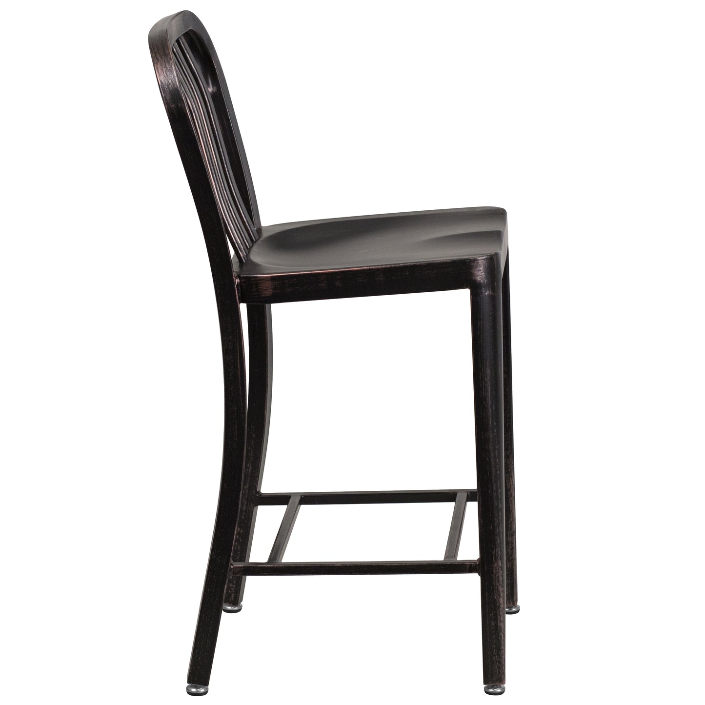 Gael Commercial Grade 24" High Black-Antique Gold Metal Indoor-Outdoor Counter Height Stool with Vertical Slat Back Black-Antique Gold