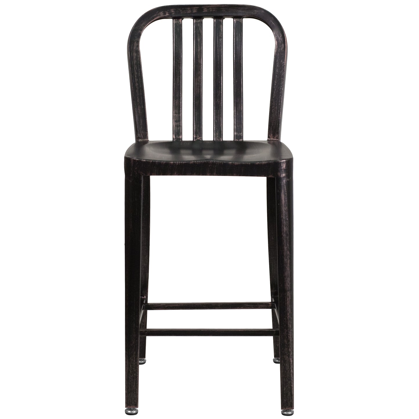 Gael Commercial Grade 24" High Black-Antique Gold Metal Indoor-Outdoor Counter Height Stool with Vertical Slat Back Black-Antique Gold