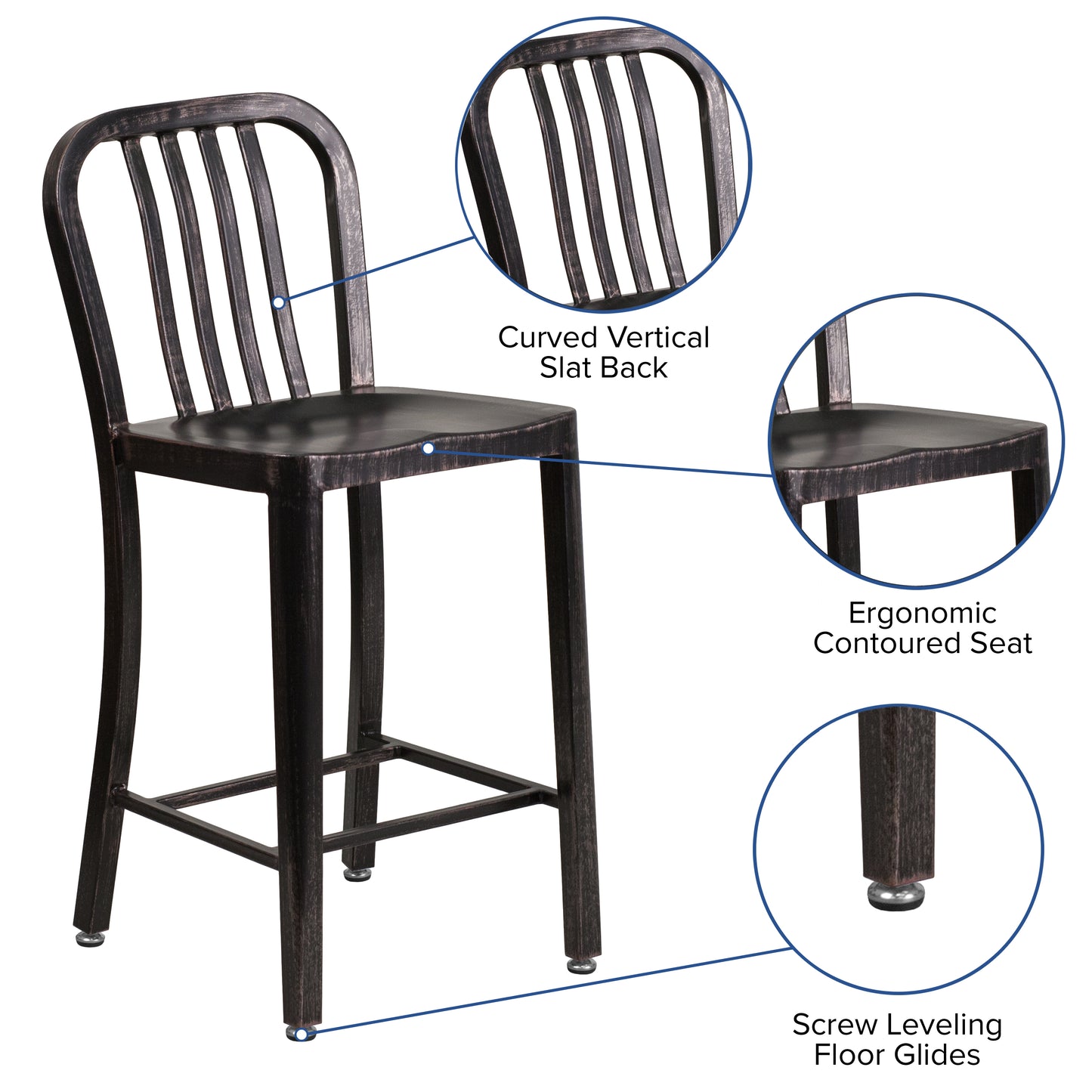 Gael Commercial Grade 24" High Black-Antique Gold Metal Indoor-Outdoor Counter Height Stool with Vertical Slat Back Black-Antique Gold