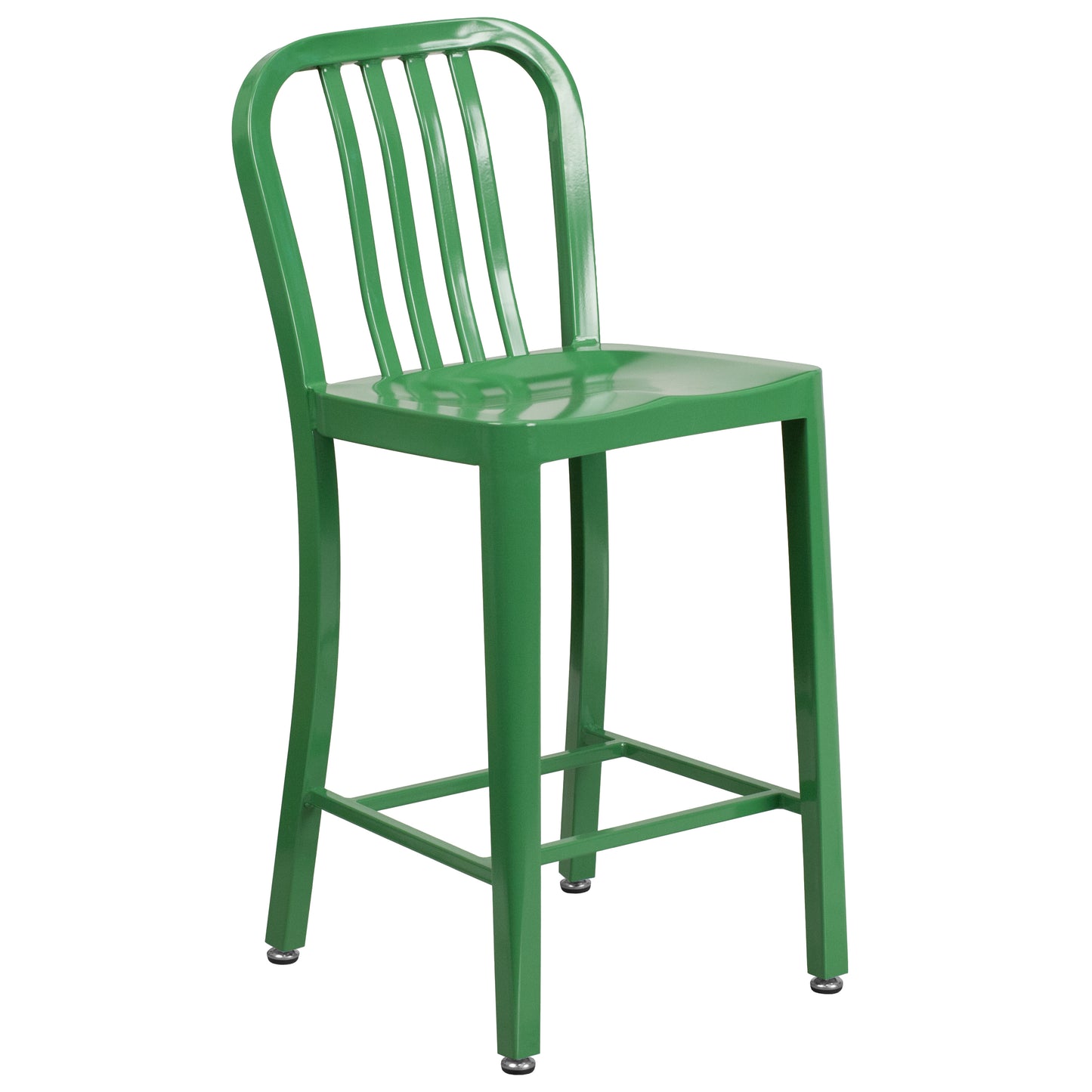 Gael Commercial Grade 24" High Green Metal Indoor-Outdoor Counter Height Stool with Vertical Slat Back Green