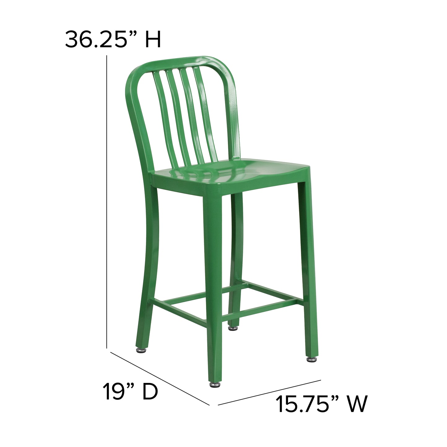 Gael Commercial Grade 24" High Green Metal Indoor-Outdoor Counter Height Stool with Vertical Slat Back Green