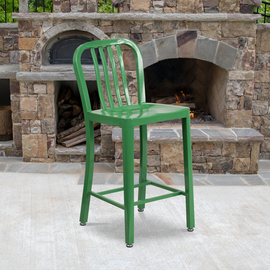 Gael Commercial Grade 24" High Green Metal Indoor-Outdoor Counter Height Stool with Vertical Slat Back Green