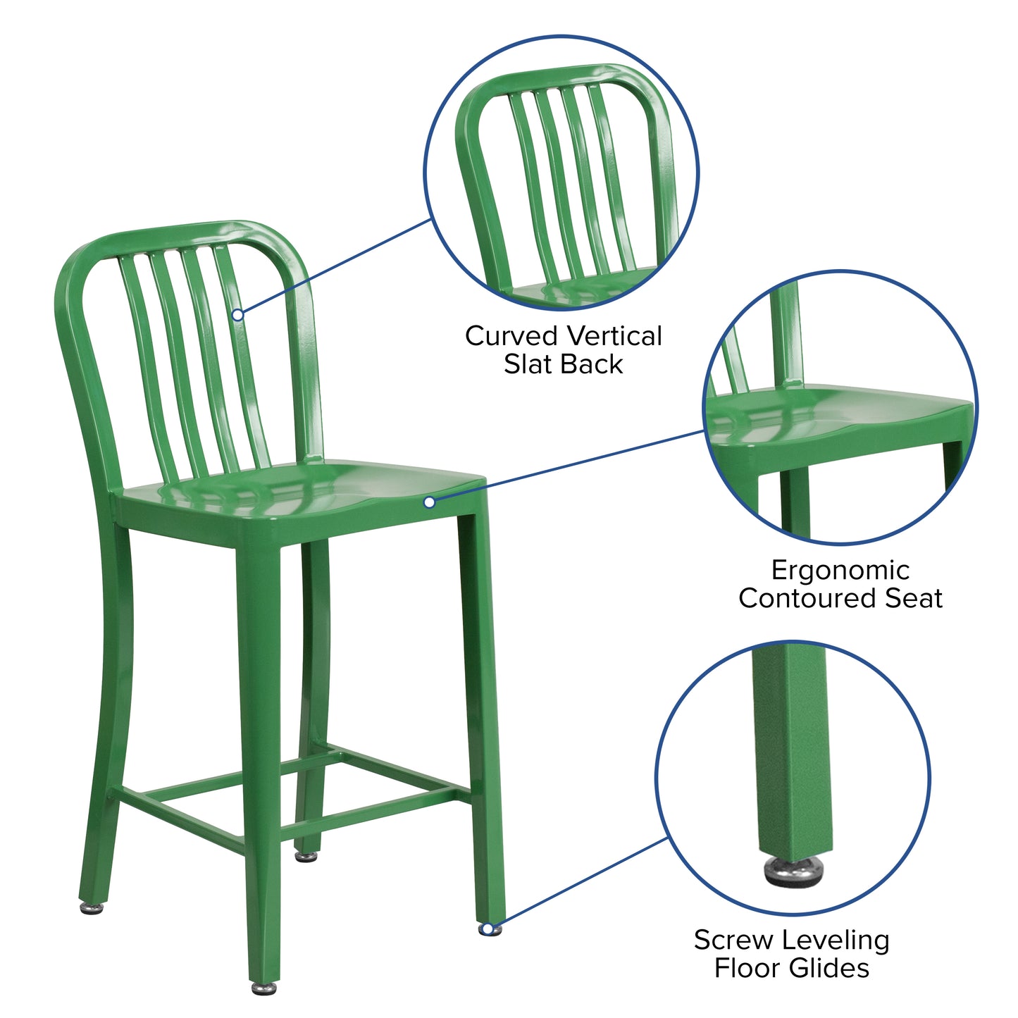 Gael Commercial Grade 24" High Green Metal Indoor-Outdoor Counter Height Stool with Vertical Slat Back Green