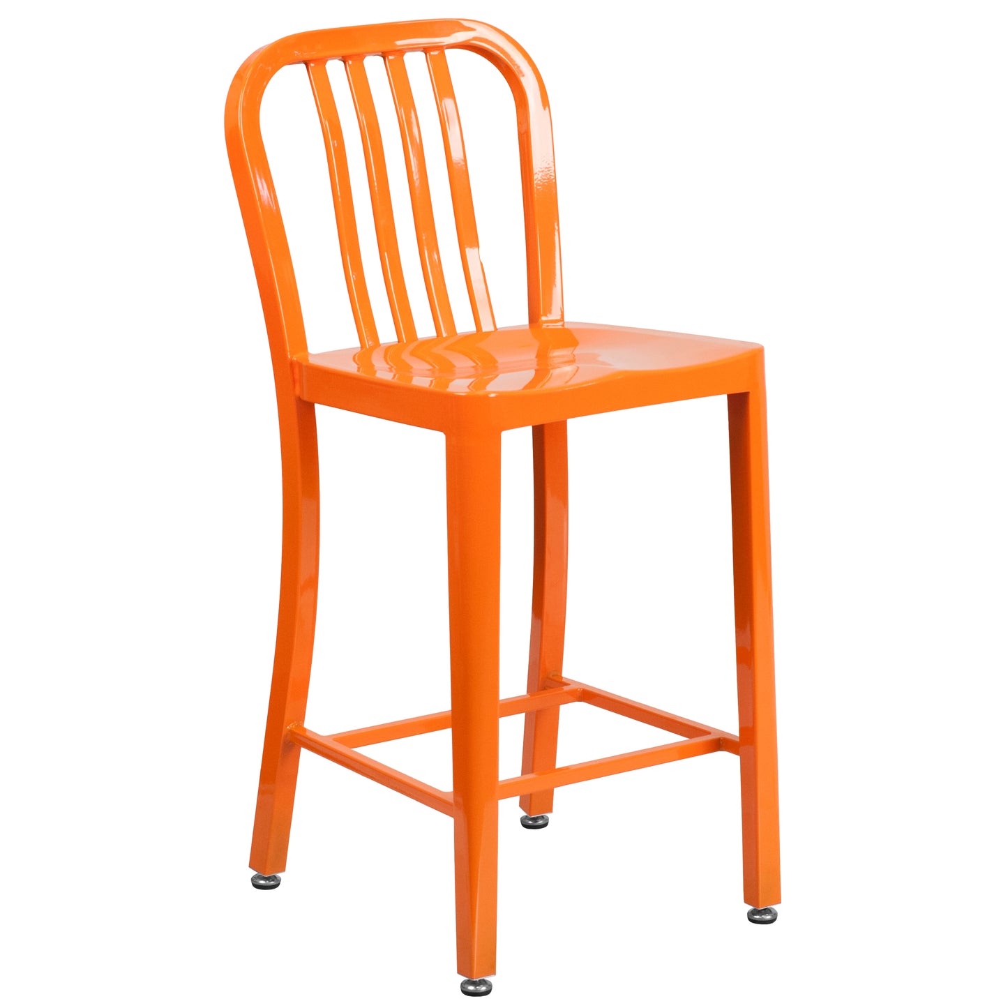 Gael Commercial Grade 24" High Orange Metal Indoor-Outdoor Counter Height Stool with Vertical Slat Back Orange