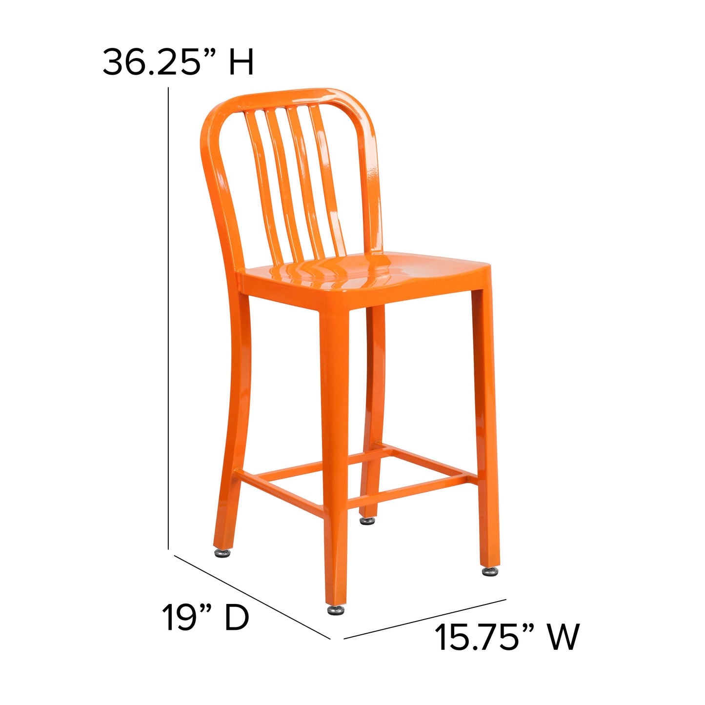 Gael Commercial Grade 24" High Orange Metal Indoor-Outdoor Counter Height Stool with Vertical Slat Back Orange