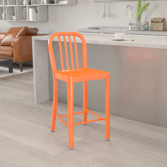 Gael Commercial Grade 24" High Orange Metal Indoor-Outdoor Counter Height Stool with Vertical Slat Back Orange
