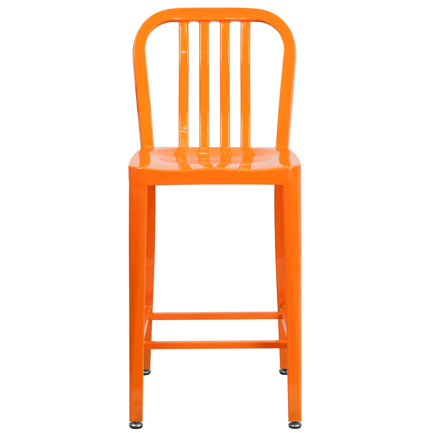 Gael Commercial Grade 24" High Orange Metal Indoor-Outdoor Counter Height Stool with Vertical Slat Back Orange