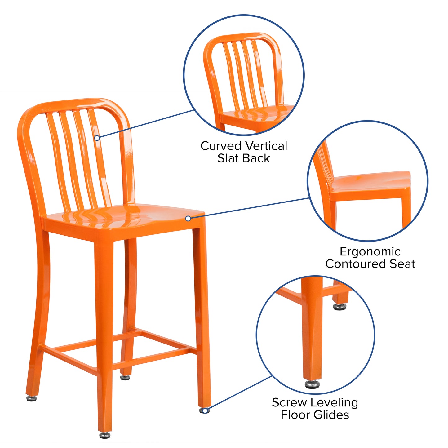 Gael Commercial Grade 24" High Orange Metal Indoor-Outdoor Counter Height Stool with Vertical Slat Back Orange