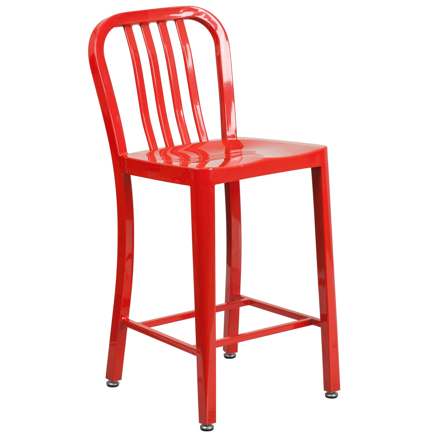 Gael Commercial Grade 24" High Red Metal Indoor-Outdoor Counter Height Stool with Vertical Slat Back Red