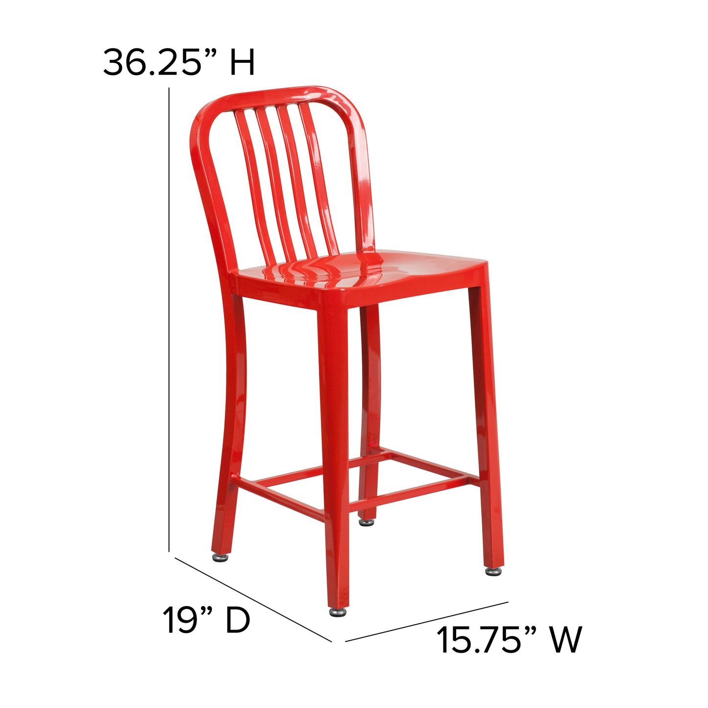 Gael Commercial Grade 24" High Red Metal Indoor-Outdoor Counter Height Stool with Vertical Slat Back Red