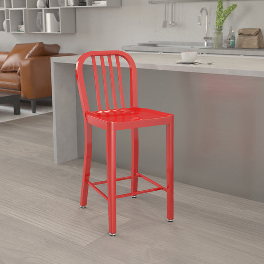 Gael Commercial Grade 24" High Red Metal Indoor-Outdoor Counter Height Stool with Vertical Slat Back Red