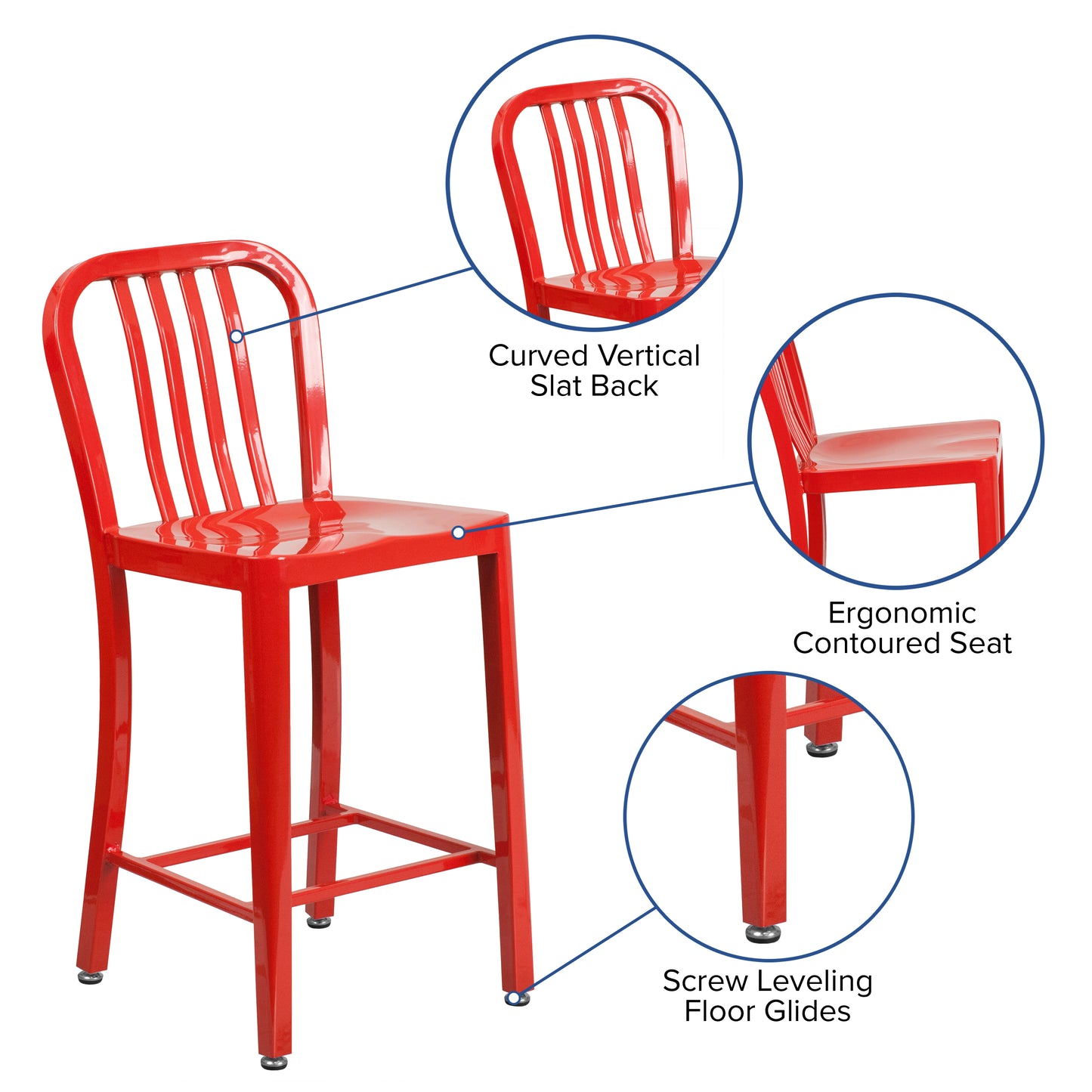 Gael Commercial Grade 24" High Red Metal Indoor-Outdoor Counter Height Stool with Vertical Slat Back Red