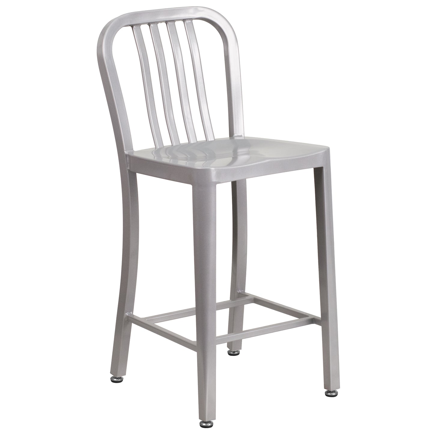 Gael Commercial Grade 24" High Silver Metal Indoor-Outdoor Counter Height Stool with Vertical Slat Back Silver