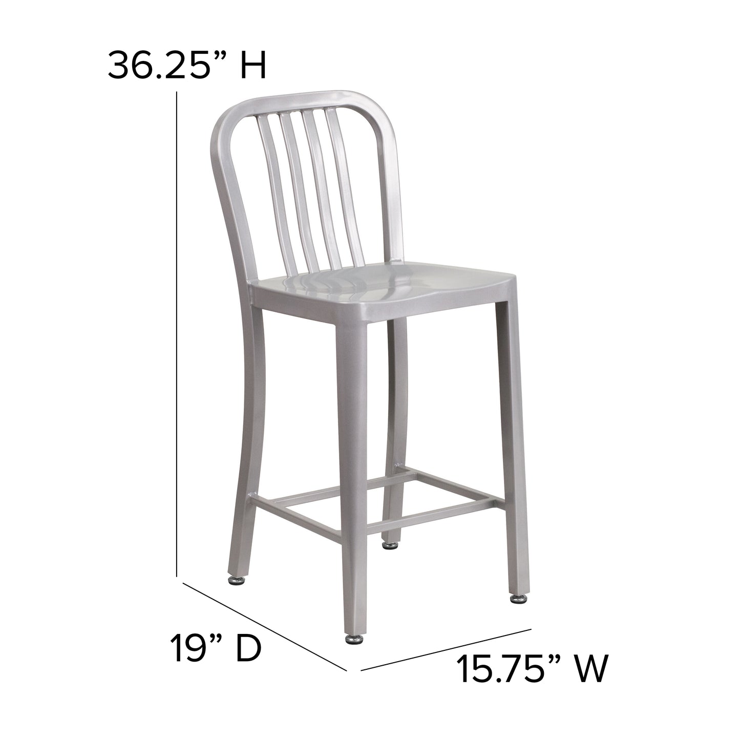 Gael Commercial Grade 24" High Silver Metal Indoor-Outdoor Counter Height Stool with Vertical Slat Back Silver