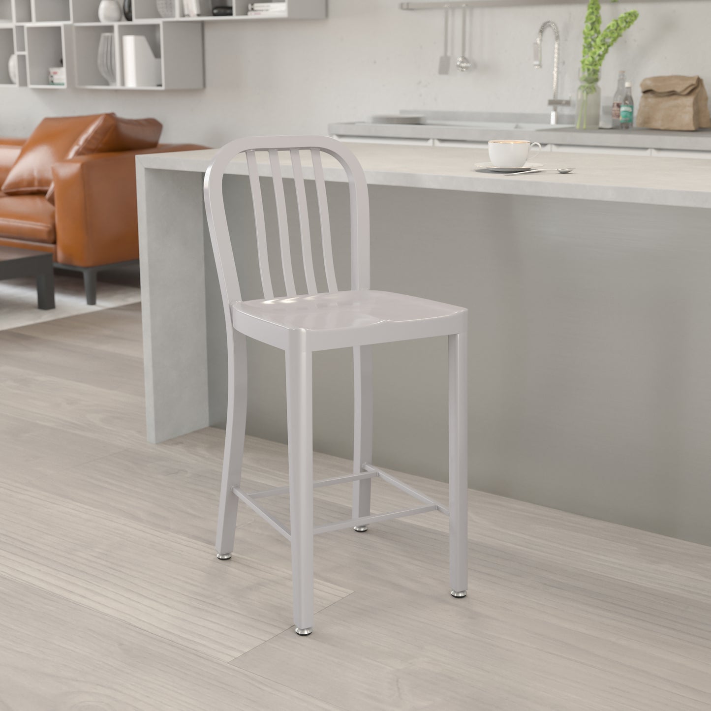 Gael Commercial Grade 24" High Silver Metal Indoor-Outdoor Counter Height Stool with Vertical Slat Back Silver