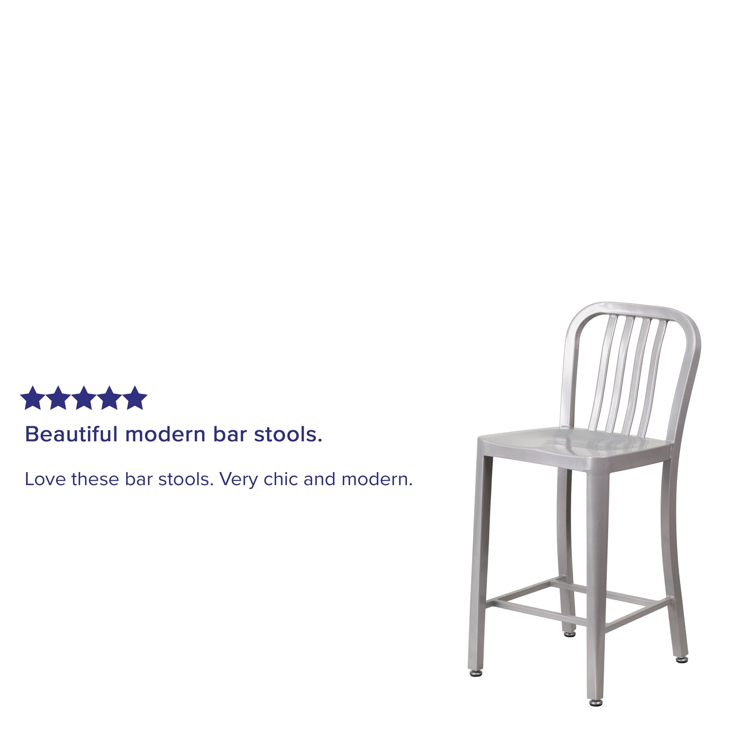 Gael Commercial Grade 24" High Silver Metal Indoor-Outdoor Counter Height Stool with Vertical Slat Back Silver