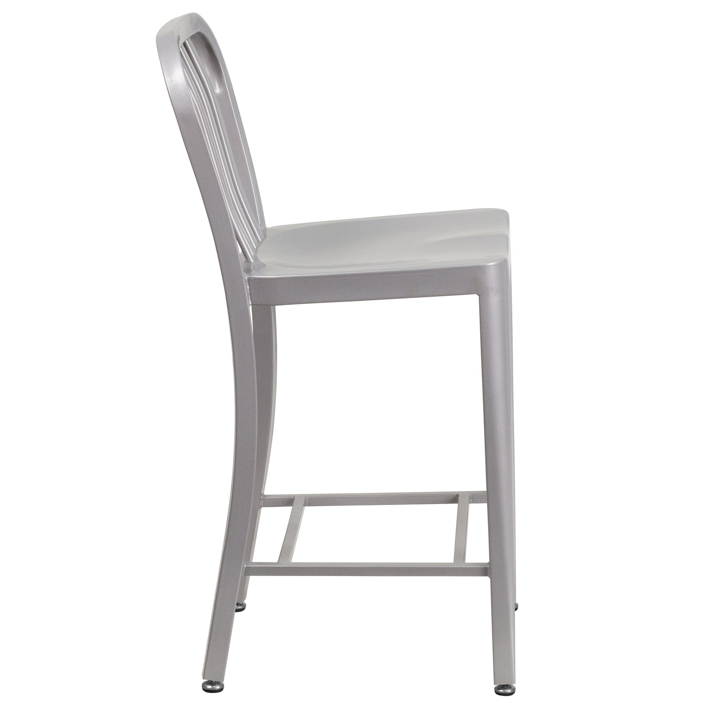 Gael Commercial Grade 24" High Silver Metal Indoor-Outdoor Counter Height Stool with Vertical Slat Back Silver