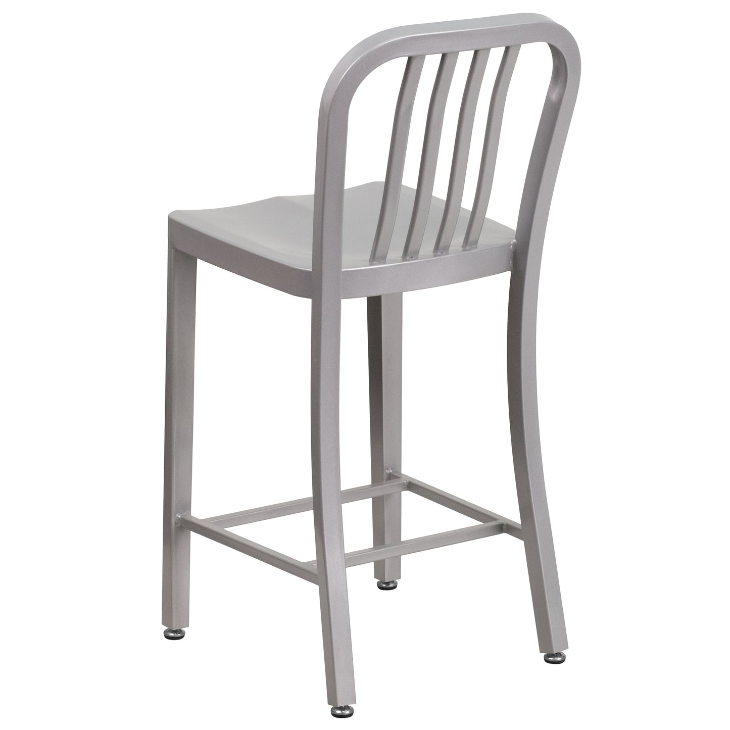 Gael Commercial Grade 24" High Silver Metal Indoor-Outdoor Counter Height Stool with Vertical Slat Back Silver