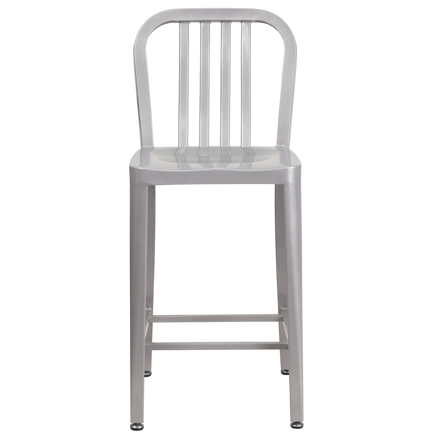 Gael Commercial Grade 24" High Silver Metal Indoor-Outdoor Counter Height Stool with Vertical Slat Back Silver