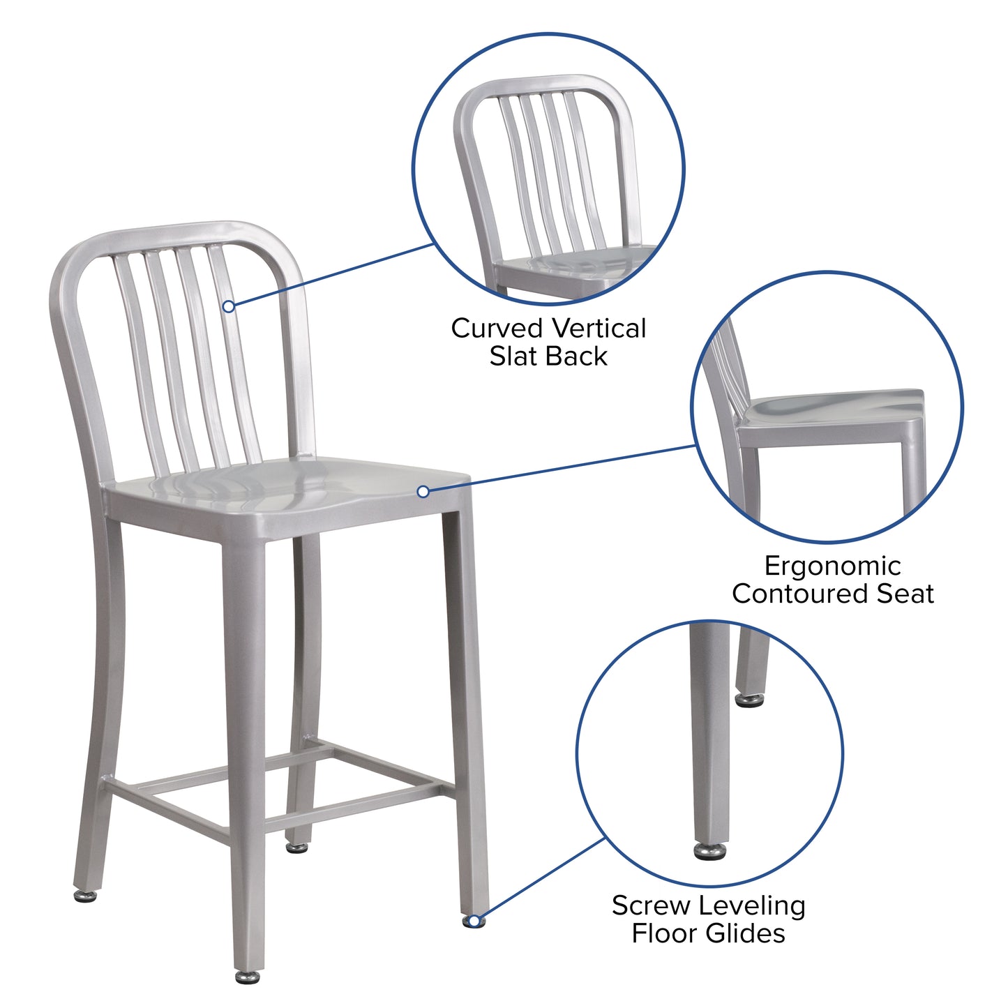 Gael Commercial Grade 24" High Silver Metal Indoor-Outdoor Counter Height Stool with Vertical Slat Back Silver