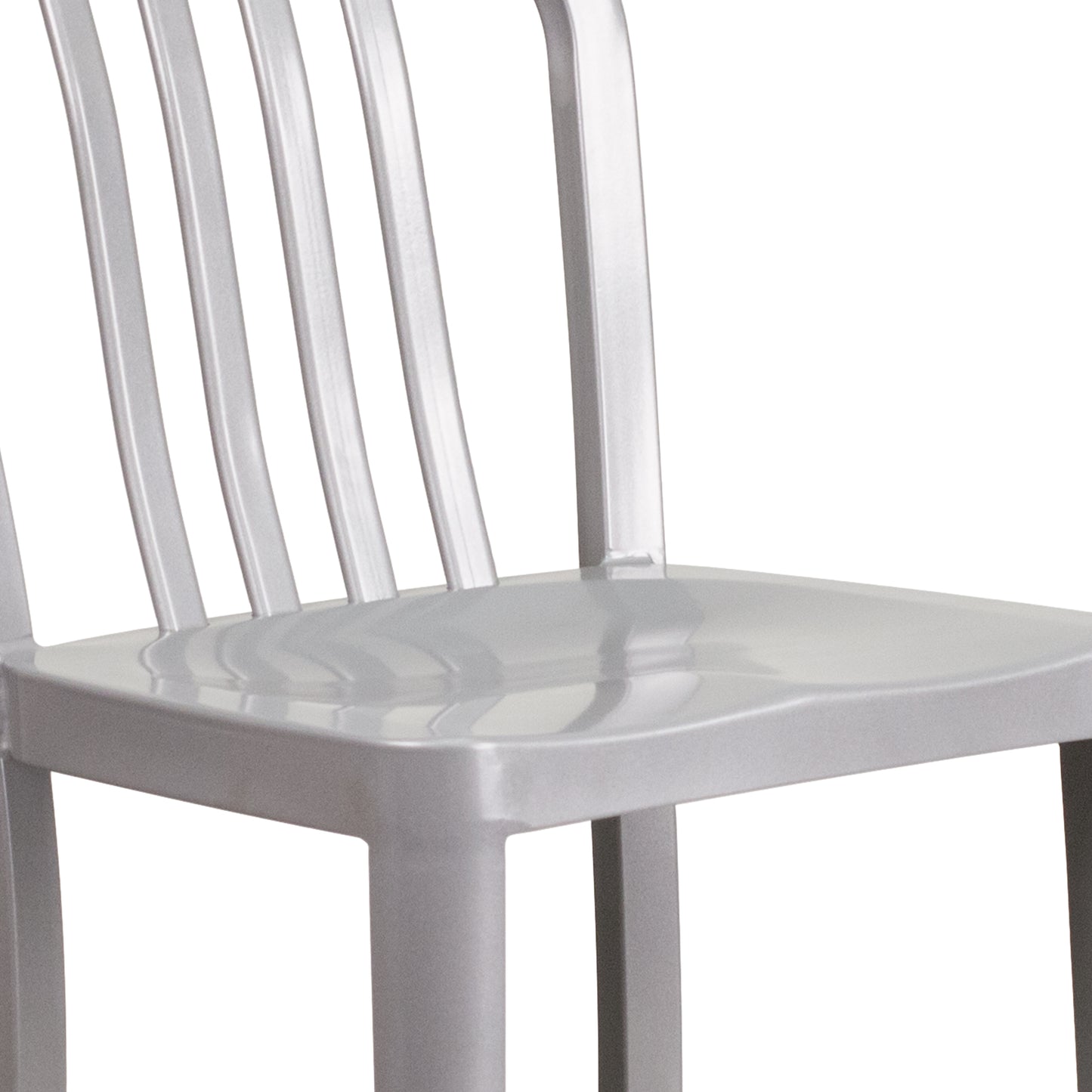 Gael Commercial Grade 24" High Silver Metal Indoor-Outdoor Counter Height Stool with Vertical Slat Back Silver