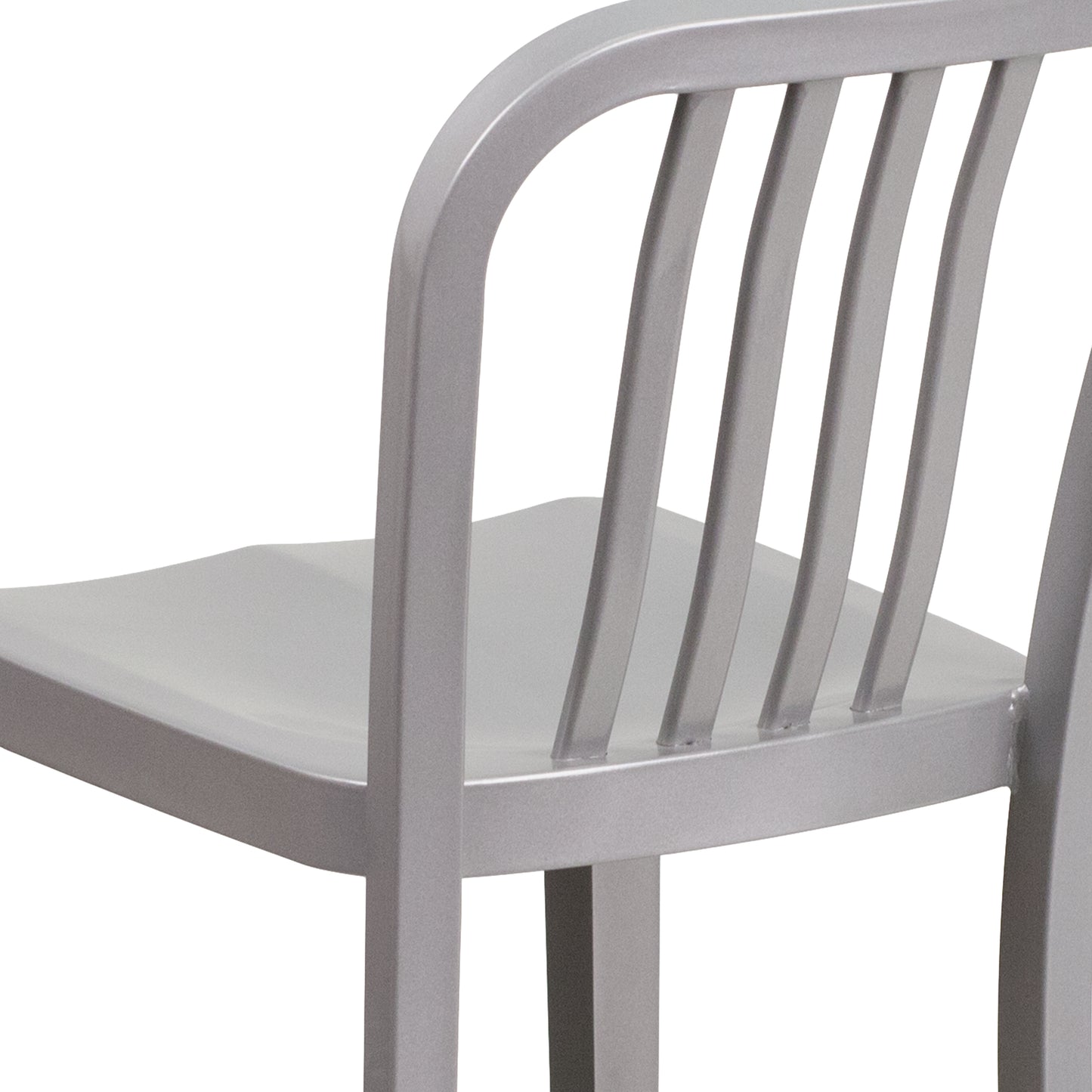 Gael Commercial Grade 24" High Silver Metal Indoor-Outdoor Counter Height Stool with Vertical Slat Back Silver