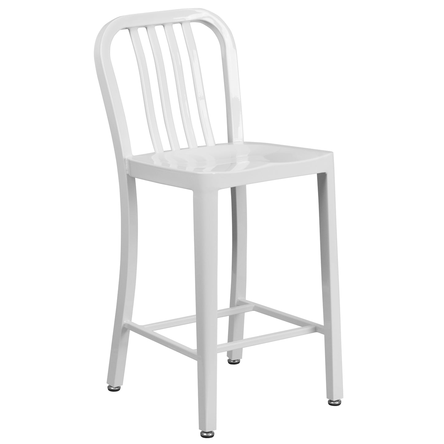 Gael Commercial Grade 24" High White Metal Indoor-Outdoor Counter Height Stool with Vertical Slat Back White