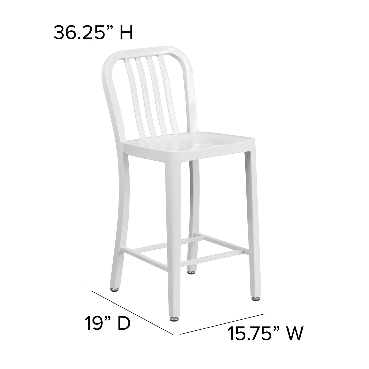 Gael Commercial Grade 24" High White Metal Indoor-Outdoor Counter Height Stool with Vertical Slat Back White