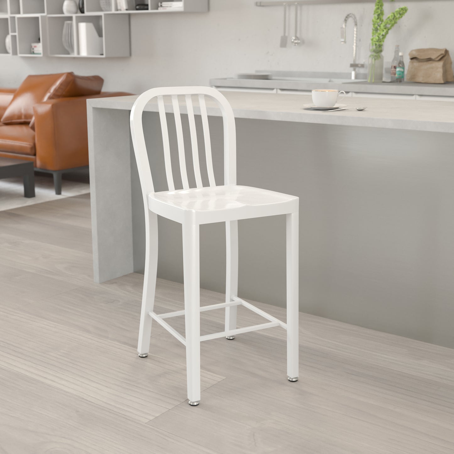 Gael Commercial Grade 24" High White Metal Indoor-Outdoor Counter Height Stool with Vertical Slat Back White
