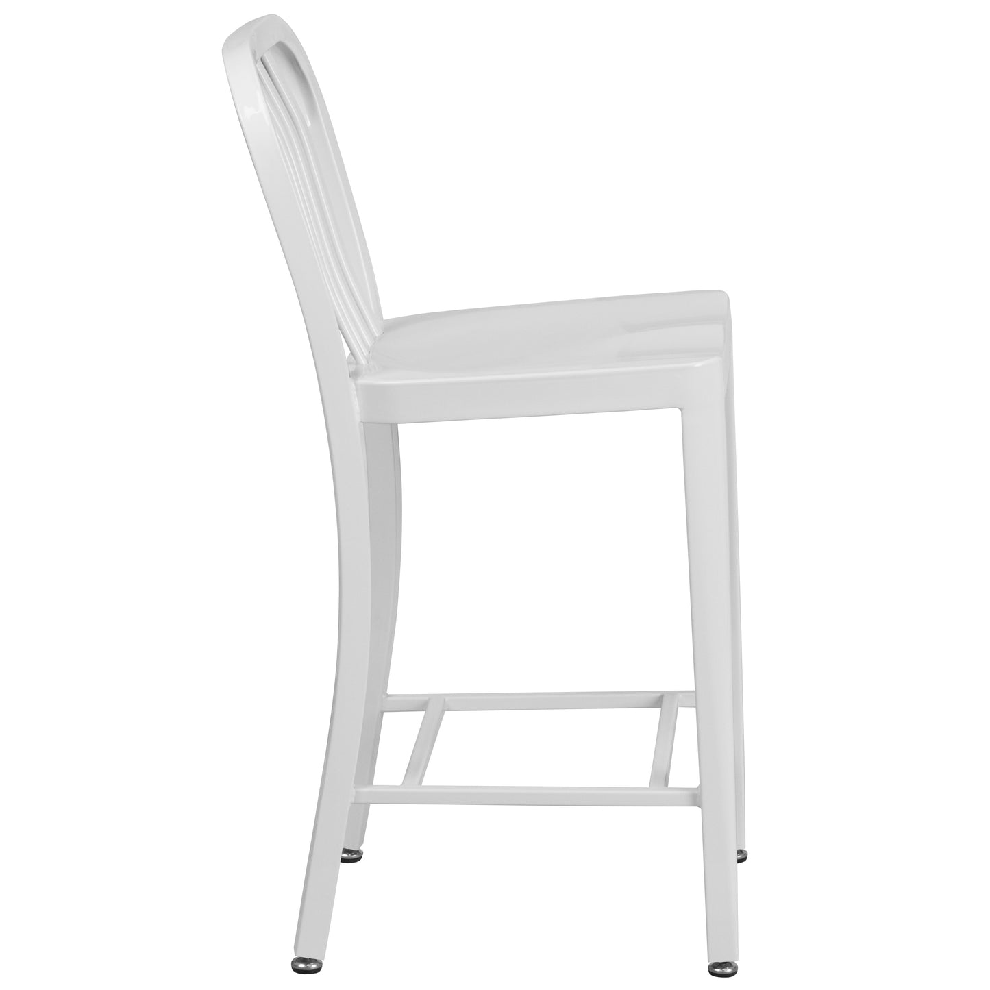 Gael Commercial Grade 24" High White Metal Indoor-Outdoor Counter Height Stool with Vertical Slat Back White