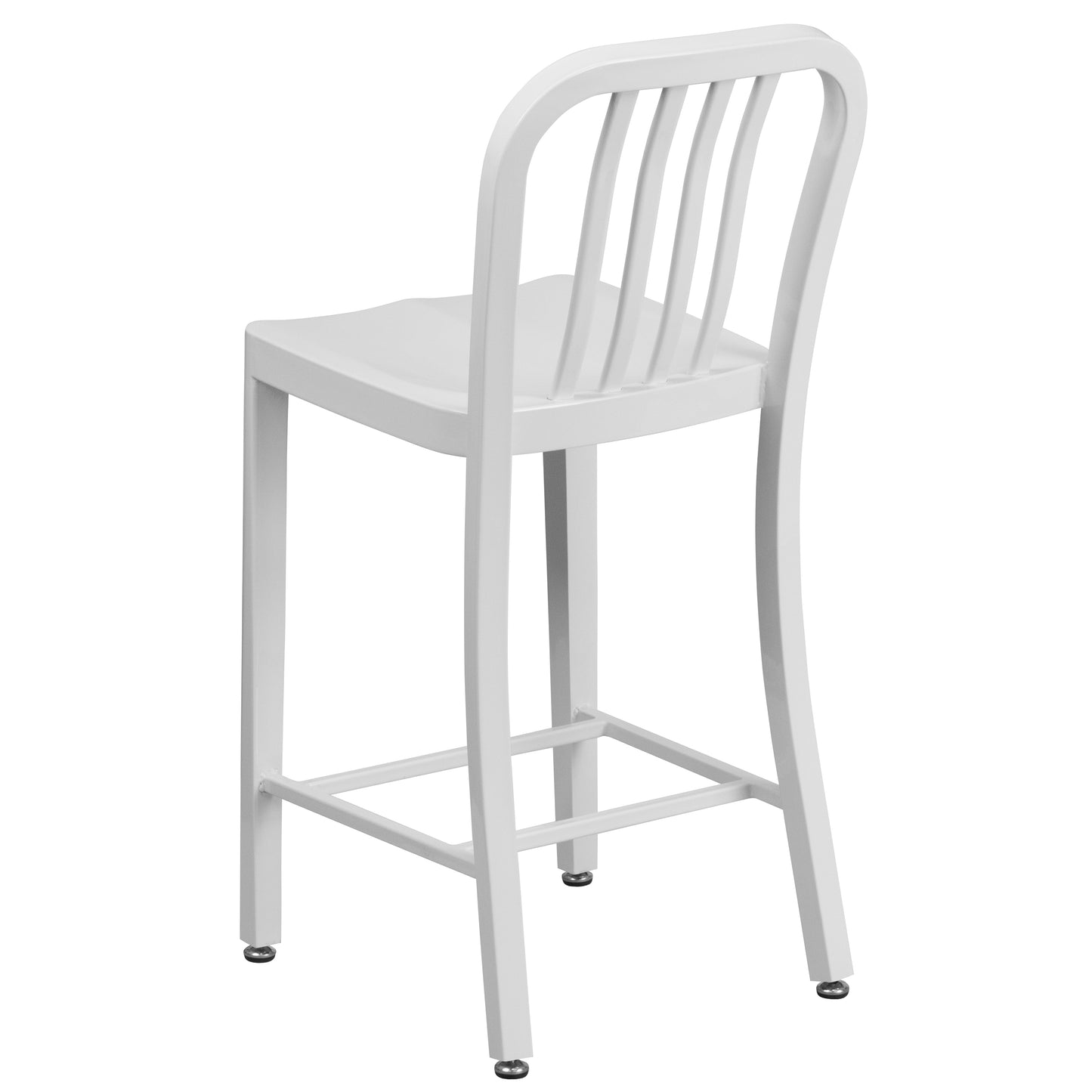 Gael Commercial Grade 24" High White Metal Indoor-Outdoor Counter Height Stool with Vertical Slat Back White