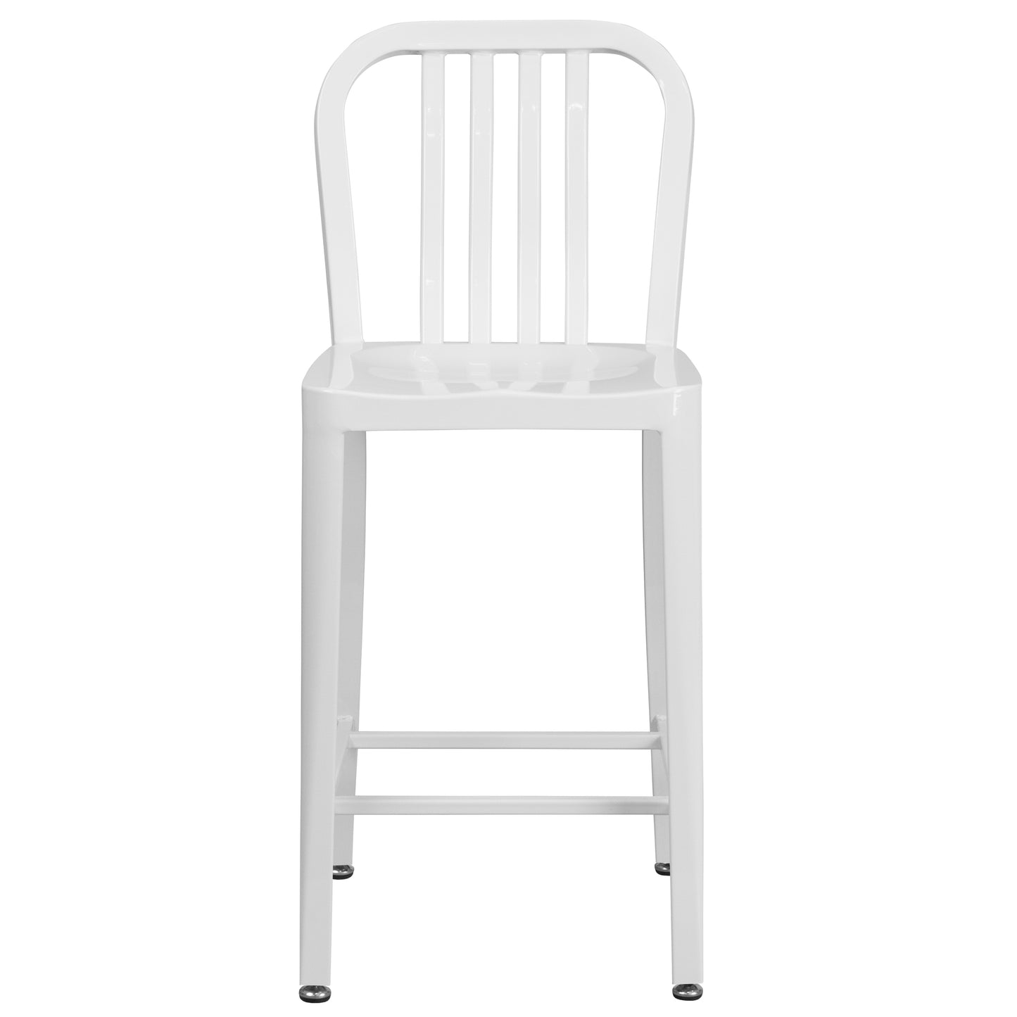 Gael Commercial Grade 24" High White Metal Indoor-Outdoor Counter Height Stool with Vertical Slat Back White