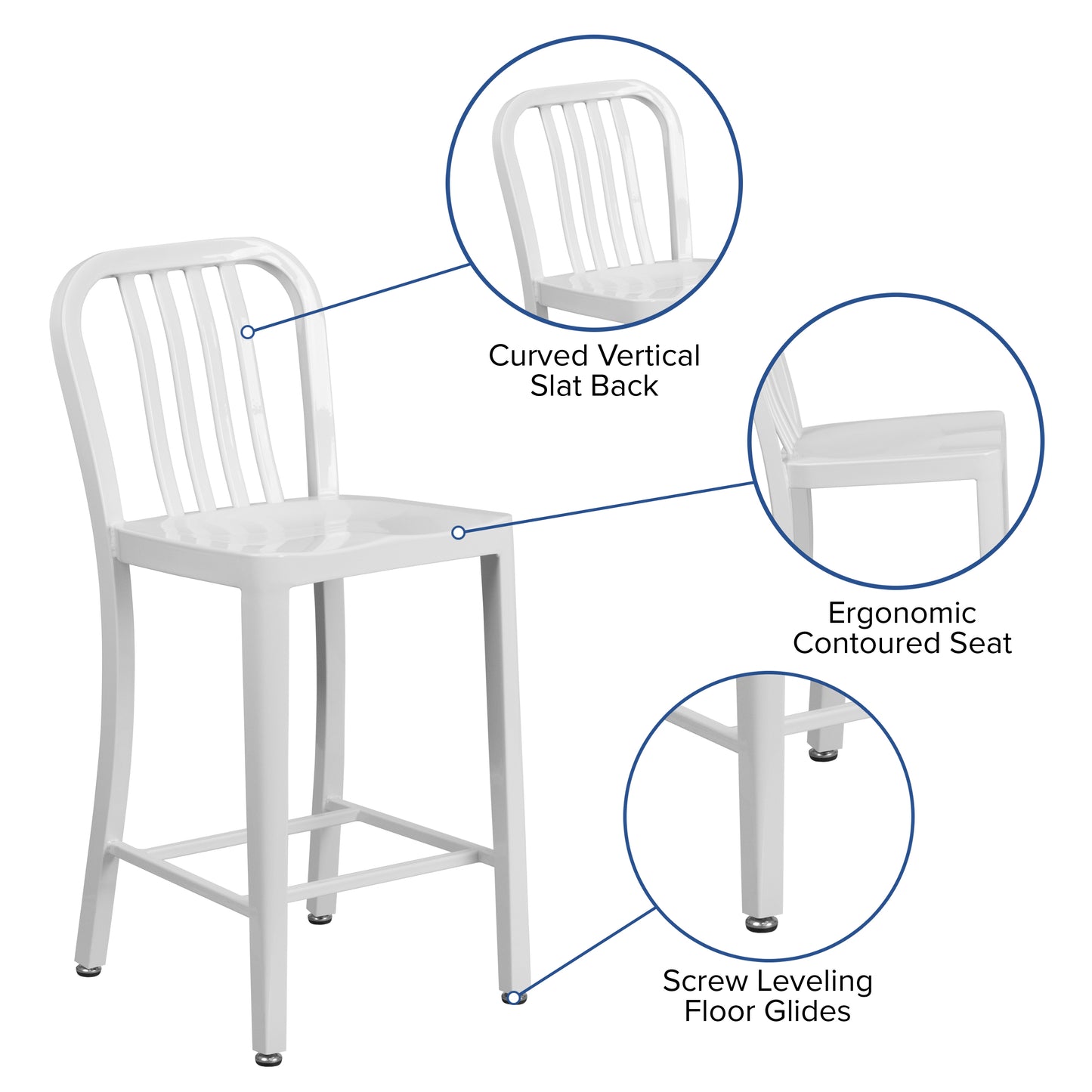 Gael Commercial Grade 24" High White Metal Indoor-Outdoor Counter Height Stool with Vertical Slat Back White