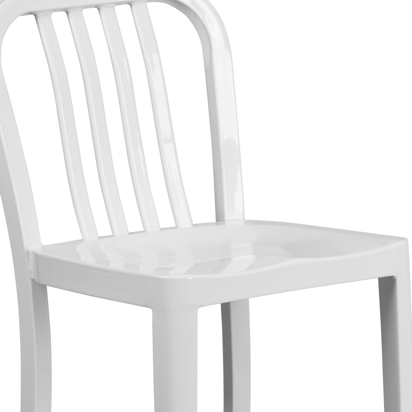 Gael Commercial Grade 24" High White Metal Indoor-Outdoor Counter Height Stool with Vertical Slat Back White