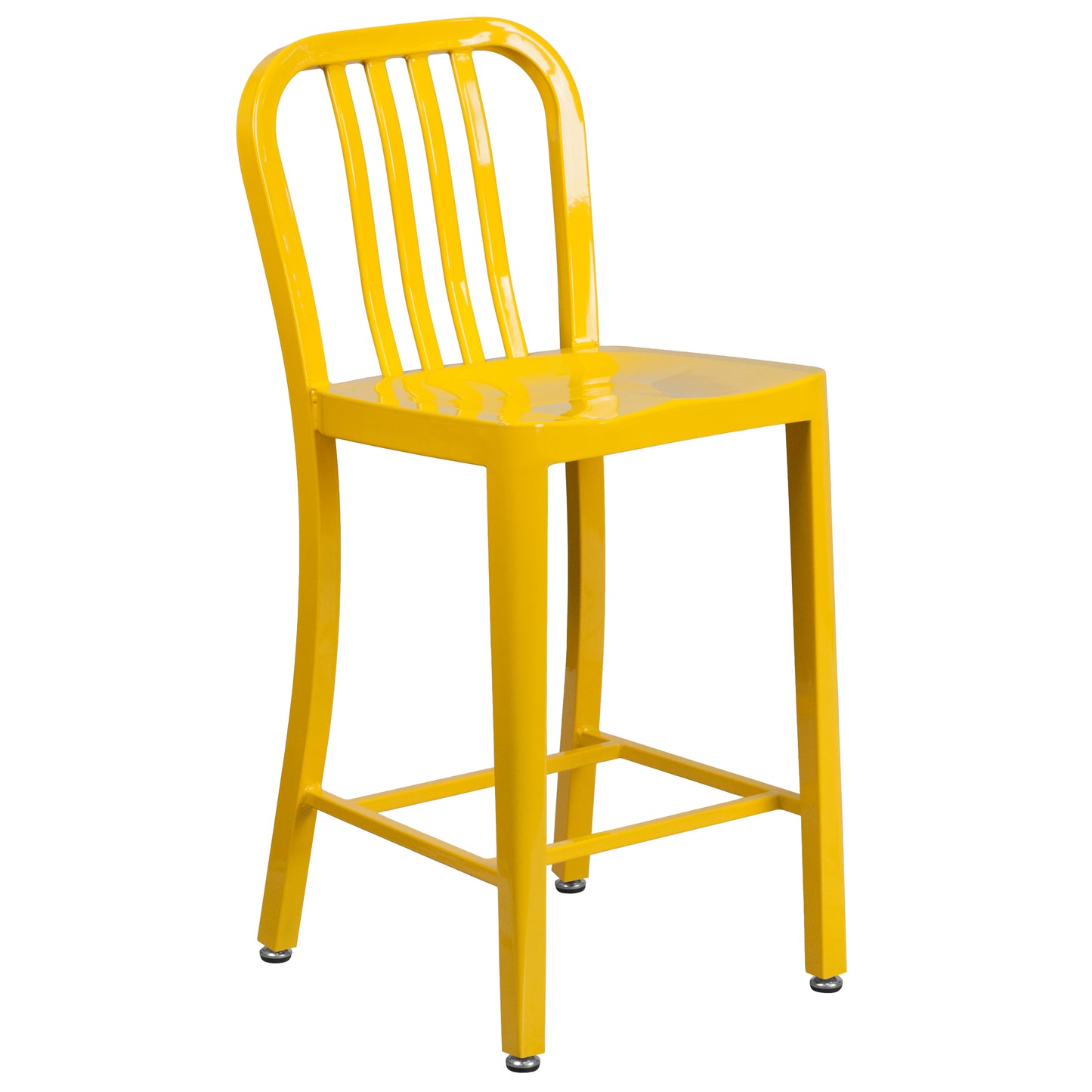 Gael Commercial Grade 24" High Yellow Metal Indoor-Outdoor Counter Height Stool with Vertical Slat Back Yellow