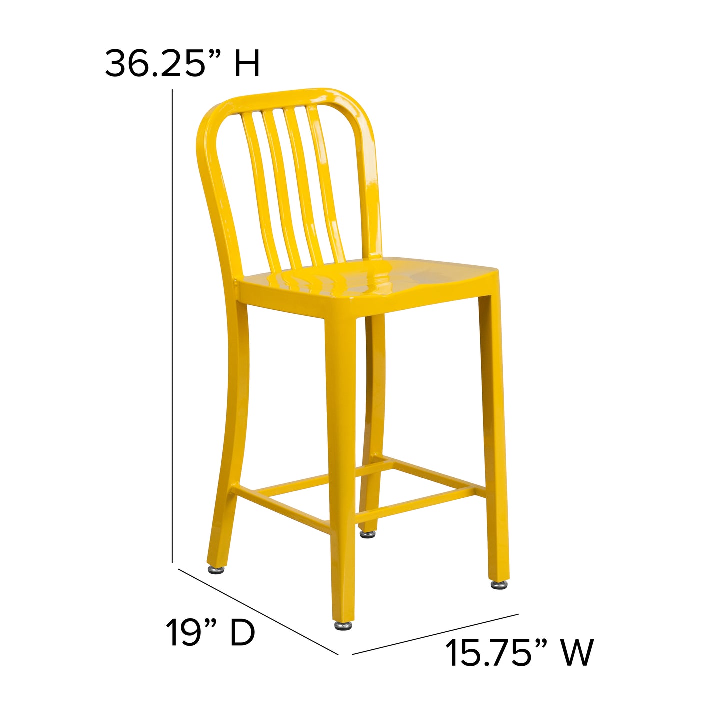 Gael Commercial Grade 24" High Yellow Metal Indoor-Outdoor Counter Height Stool with Vertical Slat Back Yellow