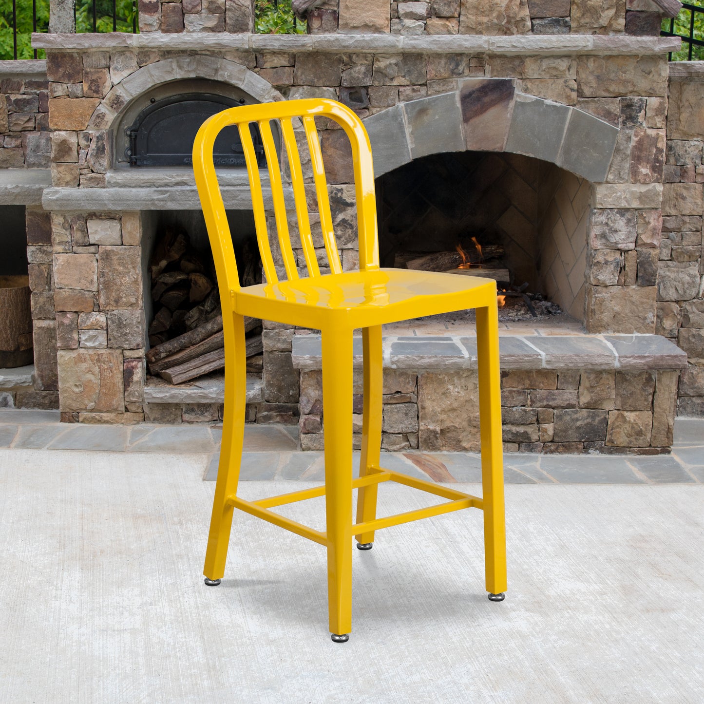 Gael Commercial Grade 24" High Yellow Metal Indoor-Outdoor Counter Height Stool with Vertical Slat Back Yellow