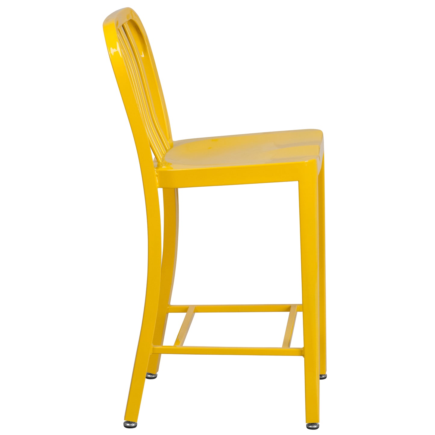 Gael Commercial Grade 24" High Yellow Metal Indoor-Outdoor Counter Height Stool with Vertical Slat Back Yellow