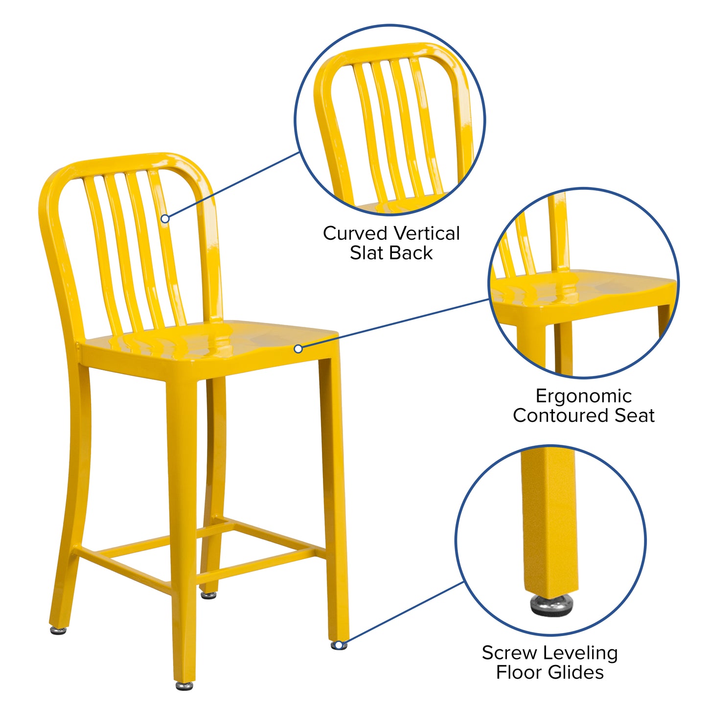 Gael Commercial Grade 24" High Yellow Metal Indoor-Outdoor Counter Height Stool with Vertical Slat Back Yellow