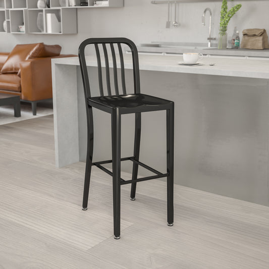 Gael Commercial Grade 30" High Black Metal Indoor-Outdoor Barstool with Vertical Slat Back Black