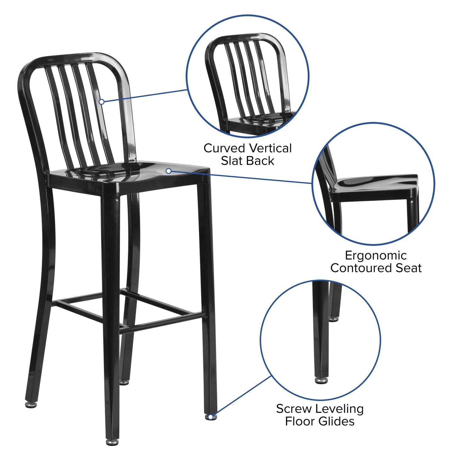 Gael Commercial Grade 30" High Black Metal Indoor-Outdoor Barstool with Vertical Slat Back Black