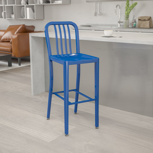 Gael Commercial Grade 30" High Blue Metal Indoor-Outdoor Barstool with Vertical Slat Back Blue