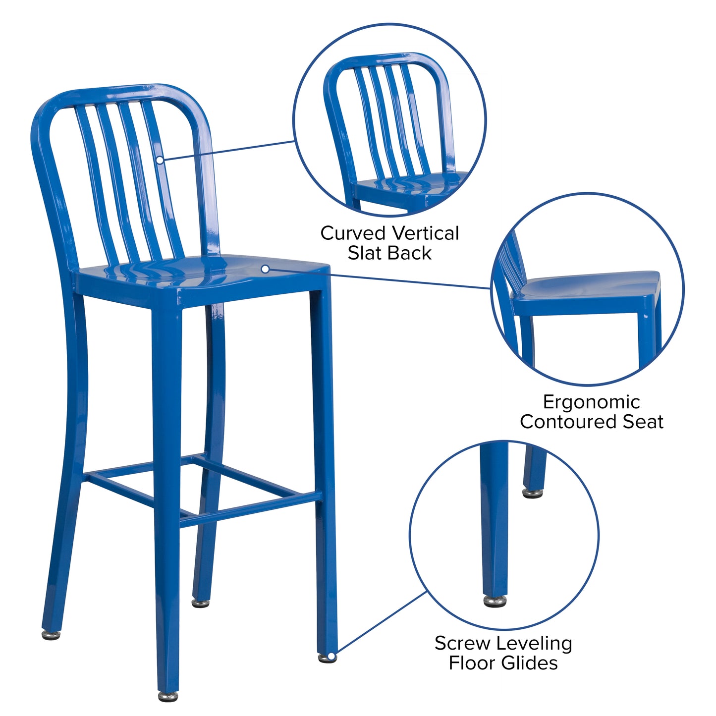 Gael Commercial Grade 30" High Blue Metal Indoor-Outdoor Barstool with Vertical Slat Back Blue