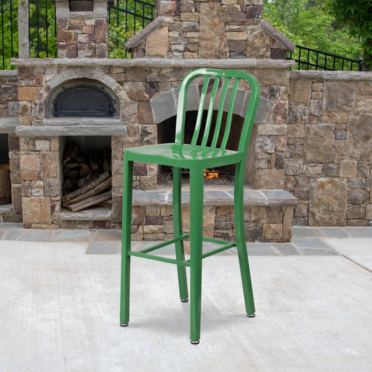 Gael Commercial Grade 30" High Green Metal Indoor-Outdoor Barstool with Vertical Slat Back Green