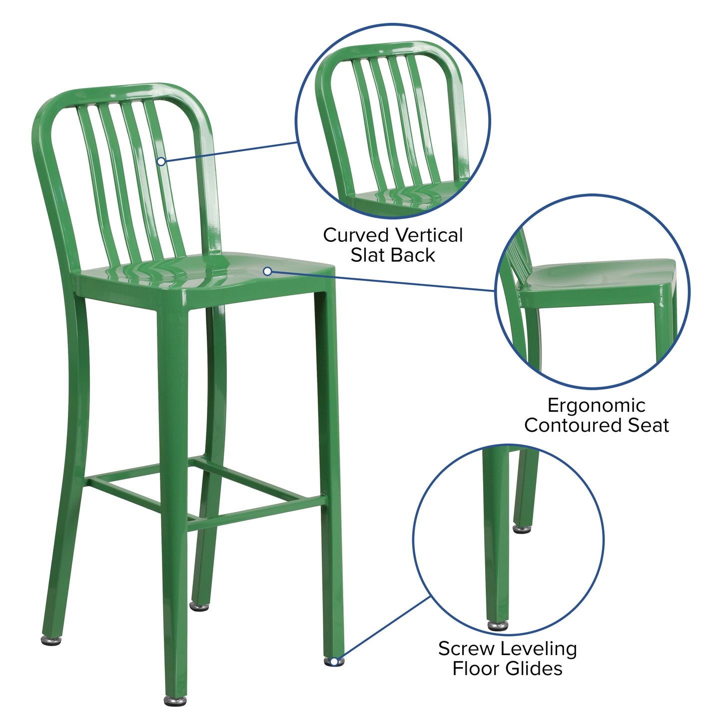 Gael Commercial Grade 30" High Green Metal Indoor-Outdoor Barstool with Vertical Slat Back Green
