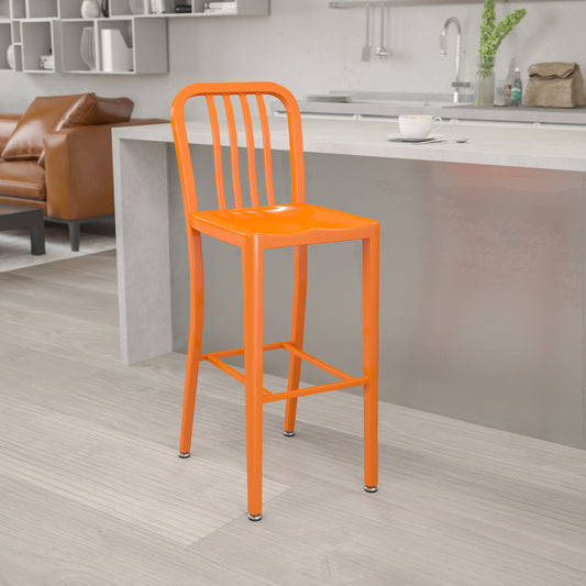 Gael Commercial Grade 30" High Orange Metal Indoor-Outdoor Barstool with Vertical Slat Back Orange